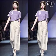 【初色】法式小香風鬆弛感圓領短袖T恤上衣女上衣+純色休閒褲寬褲長褲套裝-紫衣米白褲-12215(M-2XL可選) M 紫衣米白褲