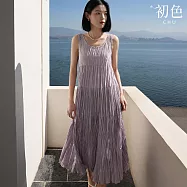 【初色】純色壓褶圓領無袖吊帶裙長裙連衣裙連身洋裝-紫色-12216(M-2XL可選) M 紫色