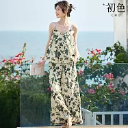 【初色】花卉印花圓領吊帶背心上衣女上衣+度假風寬鬆休閒褲寬褲長褲套裝-花色-12145(M-3XL可選) 2XL 花色