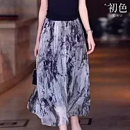 【初色】復古墨水印花真絲透氣高腰大擺休閒中長裙A字裙半身裙-花色-12117(M-3XL可選) 3XL 花色