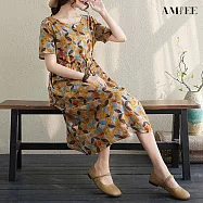 【AMIEE】棉麻復古民族風收腰顯瘦短袖連衣裙洋裝(KDDY-175) M 黃色