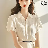 【初色】氣質風優雅透氣褶皺翻領簡約風純色短袖單排釦襯衫上衣女上衣-白色-12024(M-XL可選) L 白色