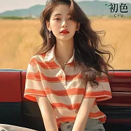 【初色】休閒風撞色條紋單排扣半門襟POLO領短袖正肩襯衫上衣女上衣-橘色條紋-12042(M-2XL可選) M 橘色條紋