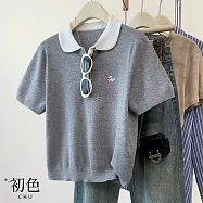 【初色】韓系文藝休閒風透氣寬鬆短袖純色門襟排釦刺繡娃娃領襯衫上衣女上衣-灰色-12043(F可選) F 灰色