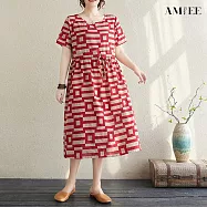 【AMIEE】棉麻復古民族風收腰顯瘦短袖連衣裙洋裝(KDDY-185) M 紅色