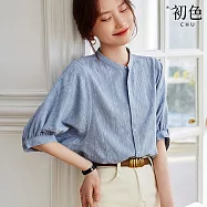 【初色】通勤風肌理感紋理寬鬆小立領泡泡五分袖襯衫上衣女上衣-藍色-12040(M-2XL可選) XL 藍色