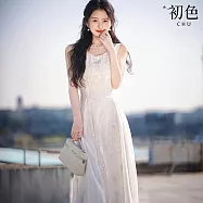 【初色】純色薄紗亮片刺繡優雅簡約顯瘦圓領無袖連衣裙連身洋裝長洋裝-白色-12064(M-XL可選) M 白色