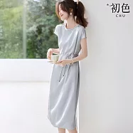 【初色】日系氣質光澤感收腰系帶開衩圓領連肩短袖洋裝連衣裙連身洋裝長洋裝-淺藍色-12127(M-XL可選) M 淺藍色