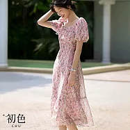 【初色】法式甜美鬱金香碎花印花收腰方領泡泡袖蝴蝶結連衣裙連身洋裝長洋裝-粉色-12151(M-3XL可選) XL 粉色