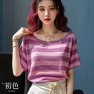 【初色】韓版圓領寬鬆條紋短袖T恤針織衫上衣女上衣-粉紫條紋-12164(F可選) F 粉紫條紋