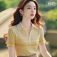 【初色】休閒薄款條紋半門襟單排扣POLO領短袖打底衫針織衫上衣女上衣-黃色-12168(F可選) F 黃色