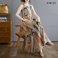 【AMIEE】波西米亞風印花無袖圓領印花連衣裙洋裝(KDDY-8271) M 卡其花
