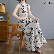 【AMIEE】幾何波西米亞風無袖圓領印花連衣裙洋裝(KDDY-8772) 2XL 花色