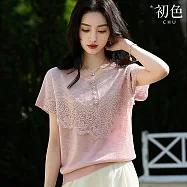 【初色】法式純色輕薄透氣針織拼接蕾絲V領短袖寬鬆針織衫上衣女上衣-共2色-12171(F可選) F 粉色