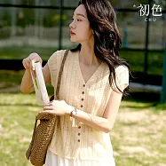 【初色】純色簡約V領排扣小飛袖短袖針織開衫輕薄透氣鏤空針織衫寬鬆上衣女上衣-共5色-12159(F可選) F 黃色