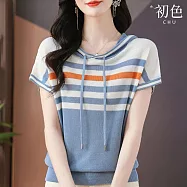 【初色】休閒簡約薄款寬鬆撞色調節繩連帽短袖冰絲針織衫上衣女上衣-共5色-12179(F可選) F 藍色