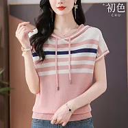 【初色】休閒簡約薄款寬鬆撞色調節繩連帽短袖冰絲針織衫上衣女上衣-共5色-12179(F可選) F 粉色