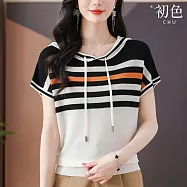 【初色】休閒簡約薄款寬鬆撞色調節繩連帽短袖冰絲針織衫上衣女上衣-共5色-12179(F可選) F 白色