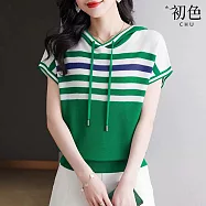 【初色】休閒簡約薄款寬鬆撞色調節繩連帽短袖冰絲針織衫上衣女上衣-共5色-12179(F可選) F 綠色
