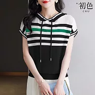 【初色】休閒簡約薄款寬鬆撞色調節繩連帽短袖冰絲針織衫上衣女上衣-共5色-12179(F可選) F 黑色