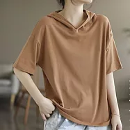 【ACheter】 棉連帽洋氣純色 T恤大碼短版短袖上衣# 125077 3XL 棕色