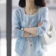 【MsMore】 法式圓領防曬精緻單排扣襯衫式輕熟風優雅漂亮長袖上衣外罩# 125090 XL 藍色