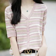 【MsMore】 V領拼色洋氣大碼冰絲針織短袖上衣# 125085 FREE 粉紅色