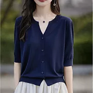 【MsMore】 冰絲時尚洋氣寬鬆開衫外套V領冰絲針織短袖上衣# 125089 FREE 藏青色
