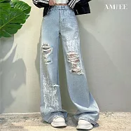 【AMIEE】蕾絲爆款直筒破洞牛仔褲(KDPY-2452) XL 圖片色