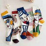 【AnZa】油畫風街頭純棉休閒襪中筒襪(5入/組) FREE 圖片色