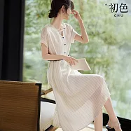 【初色】棉麻風氣質條紋透氣裝飾扣V領短袖中長裙連衣裙連身洋裝長裙-白底條紋-12096(M-2XL可選) XL 白底條紋