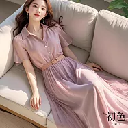 【初色】輕奢文藝風透氣純色單排釦POLO領短袖襯衫中長裙連衣裙連身洋裝長裙-紫色-12106(M-2XL可選) M 紫色