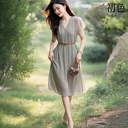 【初色】日系氣質收腰V領拼接雪紡飛袖洋裝連衣裙連身洋裝長洋裝-灰綠色-12110(M-2XL可選) M 灰綠色