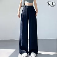 【初色】簡約棉麻風純色高腰垂感口袋西裝褲休閒褲寬褲長褲-共2款2色-12968(M-2XL可選) M 藏青常規款