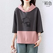 【初色】休閒風柔軟拼色燙鑽連帽領七分袖T恤上衣女上衣-粉灰色-12972(L-4XL可選) L 粉灰色