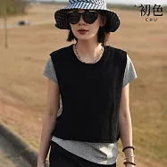 【初色】圓領無袖修身馬甲背心女背心+純色簡約圓領短袖T恤上衣女上衣套裝-黑灰色-12090(M-XL可選) L 黑灰色