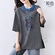 【初色】休閒風寬鬆拼接印花圓領七分袖T恤上衣女上衣-灰色-12996(L-4XL可選) L 灰色