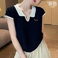 【初色】韓版休閒運動風透氣翻領正肩撞色刺繡POLO領短袖針織衫T恤上衣女上衣-共6色-12189(F可選) F 藏青色