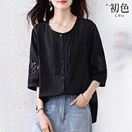 【初色】質感風寬鬆純色圓領燈籠袖七分袖T恤上衣女上衣-黑色-12988(L-4XL可選) L 黑色