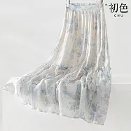 【初色】氣質風優雅印花荷葉邊裙襬中長裙百褶裙半身裙-藍色-13080(M-2XL可選) M 藍色