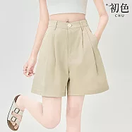 【初色】清涼薄款修身褲褶高腰顯瘦純色百搭休閒闊腿褲五分褲西裝短褲-共3色-13014(M-2XL可選) M 淺卡其色