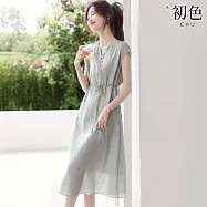 【初色】度假風輕薄透氣休閒顯瘦V領短袖連衣裙連身洋裝長洋裝-灰藍色-13059(M-2XL可選) M 灰藍色