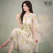 【初色】法式氣質花卉印花綁帶收腰V領縮口五分袖連衣裙連身洋裝長洋裝-淡黃色-13070(M-XL可選) M 淡黃色
