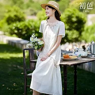 【初色】民族風吊墜裝飾重工蕾絲拼接寬鬆圓領短袖連衣裙連身洋裝長洋裝-米白色-13047(M-2XL可選) M 米白色