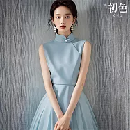 【初色】新中式復古風立領無袖修身改良式旗袍中長連衣裙-藍色-13084(M-2XL可選) L 藍色