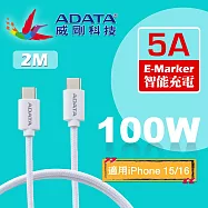 【ADATA 威剛】USB-C to USB-C 5A 100W PD QC 充電傳輸編織線(200cm) 皓月白