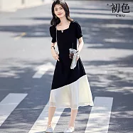 【初色】法式赫本風撞色拼接方領短袖收腰顯瘦中長裙連衣裙連身洋裝長裙-黑色-13114(M-2XL可選) M 黑色
