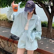 【初色】純色簡約立領拉鍊長袖遮陽防曬輕薄透氣外套+抽繩鬆緊腰寬褲短褲套裝-共5色-13133(M-2XL可選) L 淺藍色