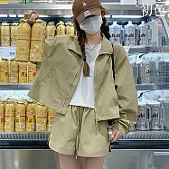 【初色】純色簡約立領拉鍊長袖遮陽防曬輕薄透氣外套+抽繩鬆緊腰寬褲短褲套裝-共5色-13133(M-2XL可選) L 綠色