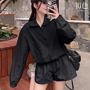 【初色】純色簡約立領拉鍊長袖遮陽防曬輕薄透氣外套+抽繩鬆緊腰寬褲短褲套裝-共5色-13133(M-2XL可選) XL 黑色